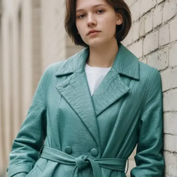 Vintage 1960s Lilli Ann Faux Leather Turquoise Coat Belted Mod Jacket | XL - - Picture 1 of 5